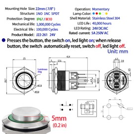 22mm Push Button Switch Momentary Latching High Round Waterproof IP67 On Off Stainless Steel 304 with 12V, 24V LED for 7/8" with Wire 2PCS (White, Momentary,12V)