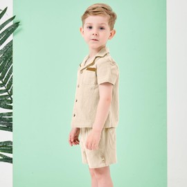 Volunboy Toddler Boy Summer Clothes Apricot Button Down Tops Cotton Linen Shorts Set 12-18 Months Family Beach Vacation Outfits (Apricot, 12-18 Months)