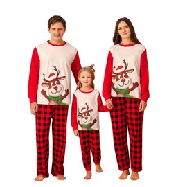 Family Matching Christmas Pyjamas Set Cute Reindeer Snow Plaid Pants Pajama Sleepwear for Adult Men Women Kids Couple Pjs