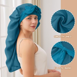 Long Satin Bonnet for Sleeping, Satin Lined Braid Bonnet with Elastic Band, Long Strap Bonnets for Women Braids(Dark Blue) showercap