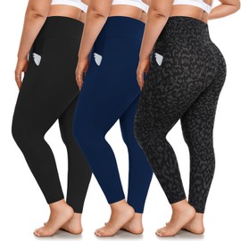 FULLSOFT 3 Pack Plus Size Leggings with Pockets for Women-High Waisted Tummy Control 1X-4X Soft Yoga Pants for Workout(Black,Navy Blue,Black Leopard XX-Large)