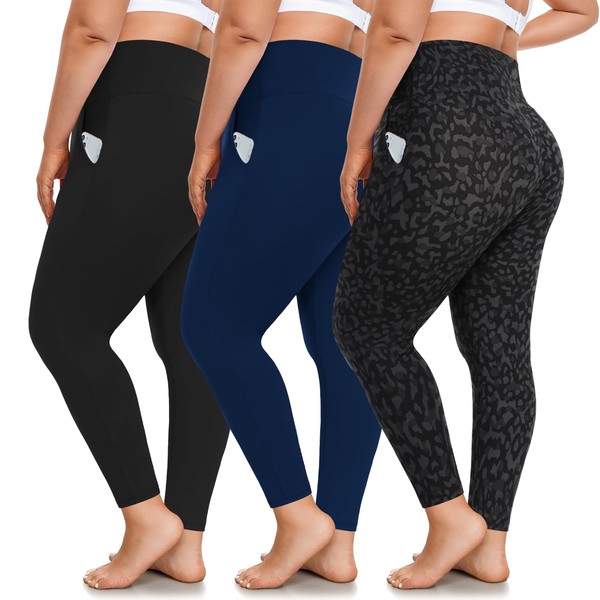 FULLSOFT 3 Pack Plus Size Leggings with Pockets for Women-High