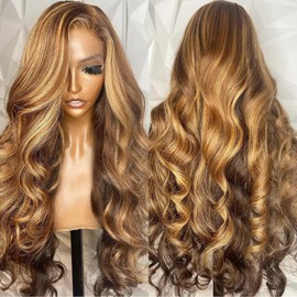 TDGBLS Highlight Ombre Lace Front Wig Human Hair 13x6 Body Wave 200% Density Full Lace Frontal Highlights Wigs 4/27 Brown Honey Blonde Highlighted For Women