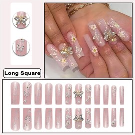 DOCVOEOMH Press on Nails Long Square Glitter Fake Glue ons Nails with 3D Alloy Butterfly Design Full Cover Artificial False Stick on Acrylic Nail for Women Daily Wear 24PCS