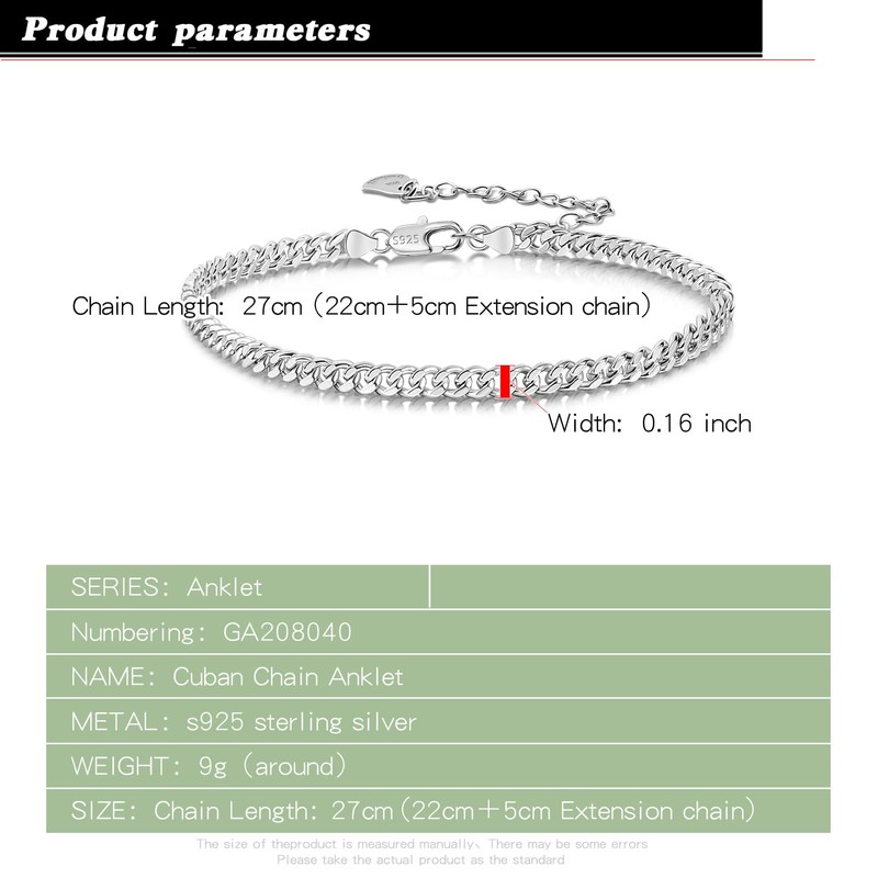 925 Sterling Silver Anklets Bracelet Women/Men Simple Durable Chopin Chain/Cuban