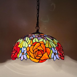 Capulina Tiffany Pendant Light 2 Light 16 Inches Wide Red Yellow Rose Style Stained Glass Hanging Lamp for Dining Room Kitchen Island Home Farmhouse