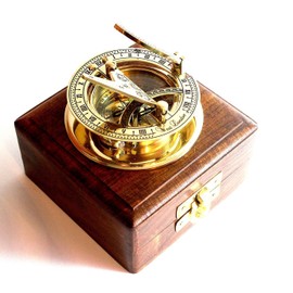 Brass Sundial Compass -Solid Brass Pocket Sundial - West London with Wooden Box Rustic Vintage Home Decor Gifts