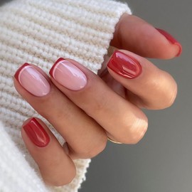 French Tip Press on Nails Christmas Fake Nails Short Square Glue on Nails Red False Nail Tips Full Cover Red Stick on Nails Glossy Xmas Acrylic Nails for Women Girls Christmas Nail Art Decoration