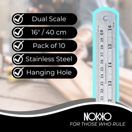 NOKKO 16-Inch Stainless Steel Ruler Pack of 10 – Precise Measurements, Dual-Scale Imperial and Metric, with Conversion Table – Ideal for Classrooms, Offices, and Workshops