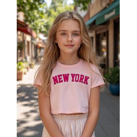New York T-Shirt for Girls 10 Year Old Crewneck Tees Letter Pattern Playwear Girl Party Shirt Ourdoor, Beige 10Y