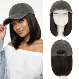 S-noilite Hat Wigs for Women Baseball Cap with Synthetic Hair Extensions Adjustable Grey Hats with Short Straight Hair Attached for Women Daily Wear Dark Brown Wig（6Inch）