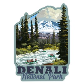 Die Cut Sticker Denali National Park, Alaska, River Rafting, Contour Vinyl Sticker 3 to 6 inches, (Waterproof Decal for Cars, Water Bottles, Laptops, Coolers), Large
