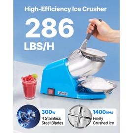 VEVOR Ice Crusher Machine, 286lbs Per Hour Electric 4 Blades Snow Cone Maker, Stainless Steel Shaved Ice Machine with Bowl and Cover, 300W 2000RPM Ice-Shaver for Home and Commercial Use, Blue