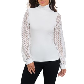 Womens Mock Turtleneck Lantern Puffy Eyelet Long Sleeve Fitted Layer Tee Shirts (L, White)