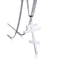 PJ JEWELLERY Men's Stainless Steel Russian Orthodox Cross Pendant Necklace Byzantine Empire Silver,Free Cuban Chain