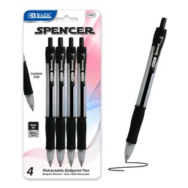 BAZIC Ballpoint Pen Spencer Black Retractable Pen Soft Barrel Grip Pens, 1.0 mm Bold Point Smooth Writing, for Office School Teacher (4/Pack), 1-Pack