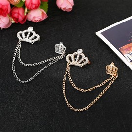 coadipress Crown With Hanging Chain Brooch for Women Men Elegant Gentlemen Gold Silver Crystal Crown Lapel Pin Vintage Rhinestone Wedding Brooch Suit Shirt Pin Accessories (Silver crown)