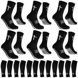 Bunnycool 12 Pairs Cross Grip Soccer Socks Scocer Shin Guard Sleeves Non Slip Christian Socks with Bible Verse for Men Women(Black)