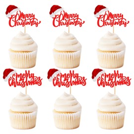Keaziu - 24 piezas de decoración de magdalenas de Feliz Navidad, sombrero rojo de Santa, púas de magdalenas, decoraciones de Navidad, decoración de pasteles, suministros de decoración de pasteles, sombrero rojo 1