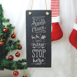 eBuyGB Santa Claus Please Stop Here Sign, Slate Christmas Hanging Plaque, Xmas Decoration, 30 x 12 cm