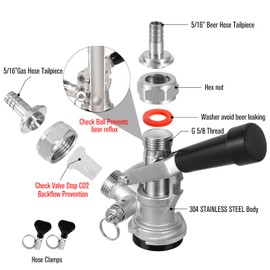 Ferroday All 304 Stainless Steel S System Keg Coupler, European Sankey Keg Coupler, Beer Keg Tap Kegerator Parts S Type Sankey Coupler with 5/16'' Beer Barb Gas Tailpiece, 2 Hose Clamp, Relief Valve