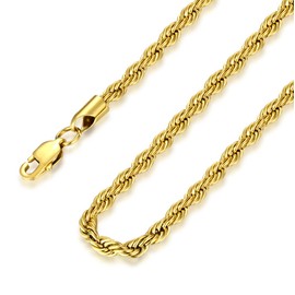 FOSIR Gold Plated Rope Chain for Men, 4mm Stainless Steel Necklace for Women and Men, 22 Inches