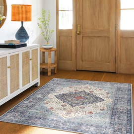 ANSSO 3x5 Washable Area Rug, Faux Wool Vintage Boho Non-Shedding Rug, Carpet with Non Slip Backing for Dorm, Laundry, Living Room and All Spaces, Earthy Navy