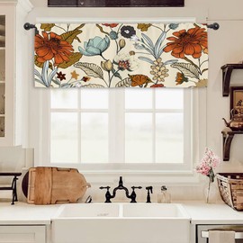 Miyotaa Vintage Flower Kitchen Curtain Valance 54W x 18H Rod Pocket Retro Burnt Orange Blossom Botanical Autumn Fall Window Treatment for Living Room Bedroom Bathroom