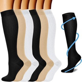 Calcetines de Compresión Mujer y Hombre, 6 Pares de Medias de Compresión 15-20 mmH, Calcetas Elásticas de Compresión para Embarazo, Viajar, Correr, Fitness (Grande, X-Grande, 3color B)
