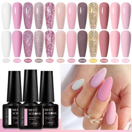 MEET ACROSS Pink Gel Nail Polish Set 12 Colors, Spring Light Pink Barely Pink Gel Polish Glitter Pink Nude Brown Gold Nail Art Design at Home DIY Manicure Kit Gifts for Women