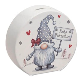 Cute Christmas Gnome with Sign Money Box - Merry Christmas Perfect Decoration Winter Gnome with Grey Hat White Dots Red Detail - Original Christmas Money Box