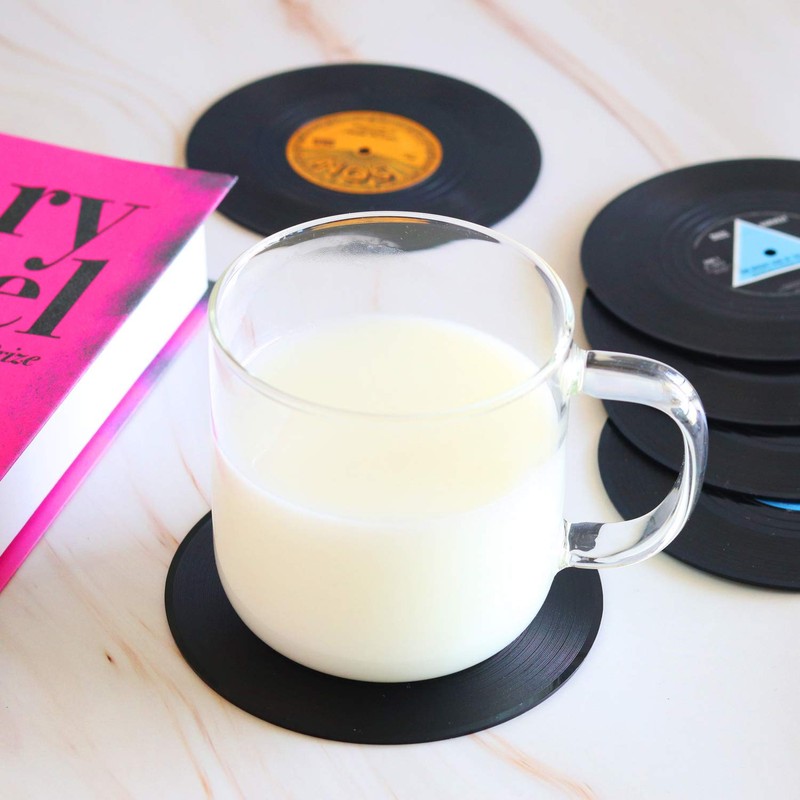 Funny Retro Record Coasters for Drinks with Vinyl Player Holder