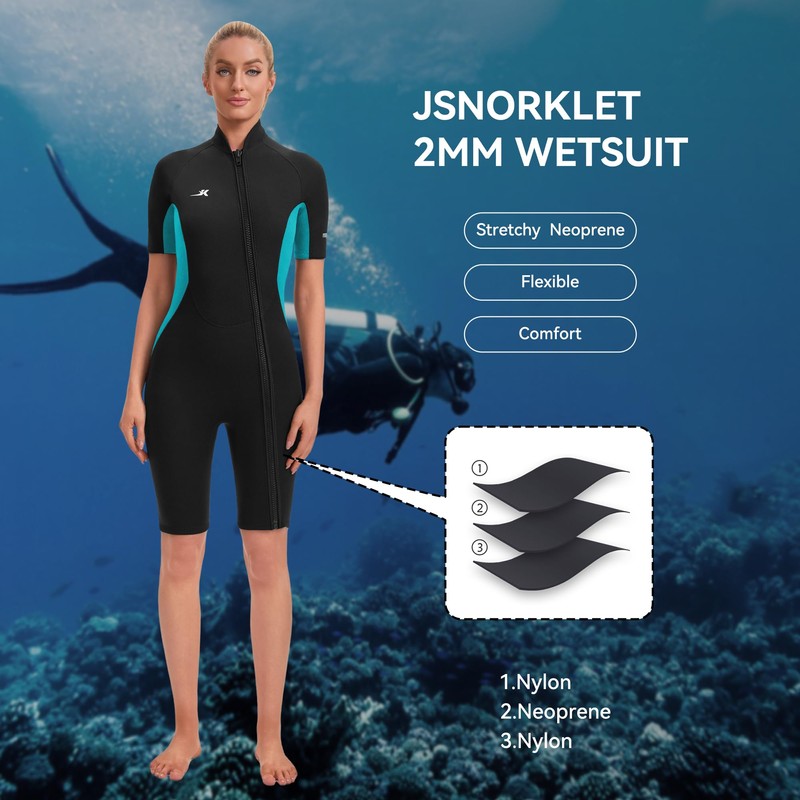 Jsnorklet 2mm Shorty Wetsuit Womens Front Zip Neoprene Diving Suit