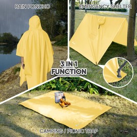 PTEROMY Hooded Rain Poncho for Adult with Pocket, Waterproof Lightweight Unisex Raincoat for Hiking Camping Emergency (Yellow)