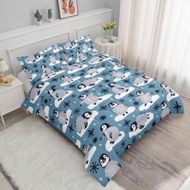 Smell Sunshine Cartoon Penguin Comforter Set Antarctica Animals Wildlife Printed Bedding Set with 1 Comforter and 2 Pillowcases for Boys and Girls Bedroom All Season(Penguin Twin)