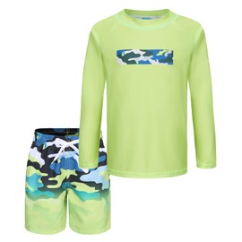 Aisyee Toddler Boys Two Piece Rash Guard Swimsuits Kids Long Sleeve Bathing Suit with Swim Trunk Swimwear Set Camo Green 3T
