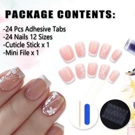 French Tip Press on Nails Short Square Flowers Fake Nails with Designs White French Tip Flowers Acrylic Nails Supply Glossy Artificial Nails Glue on Nails for Women Girls DIY Manicure 24 pcs