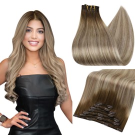 Full Shine Balayage Ombre Clip in Hair Extensions Clip in Human Hair Color 3 Dark Brown to 8 Ash Brown And 22 Blonde Clip in Extensions Human Hair Clip ins Long Straight Hair 7Pcs 22 Inch