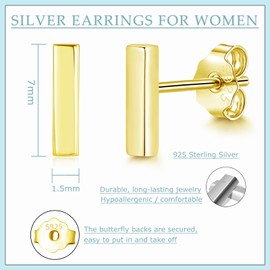 Loutade Silver Stud Earrings for Women Girls, 925 Sterling Silver Bar Stud Earrings, Hypoallergenic Flat Bar Ear Studs Earrings Gold, Minimalist Cute Cartilage Sleeper Gold Earrings Trendy Jewelry
