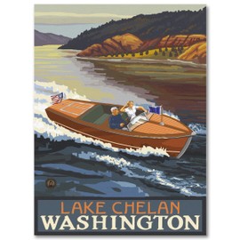 Lake Chelan Washington Woodie Boat Lake Giclee Archival Canvas Print Wall Art Décor for Home & Office from Travel Artwork by Artist Paul A. Lanquist 18" x 24"