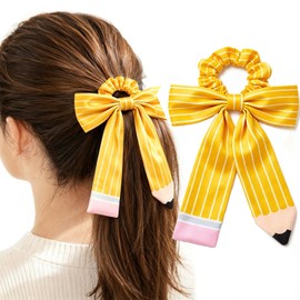 Cute Pencil Bow Hair Tie,Satin Striped Yellow Pencil Hair Scrunchies with Long Ribbon Tail, Back to School Ponytail Holder Hair Accessory for Girls Students Women,Teacher Appreciation Gift Hair Band
