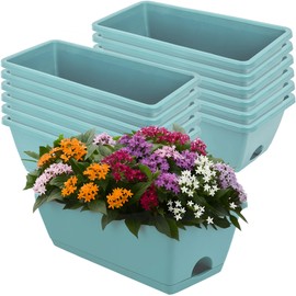 LOCONHA Window Box Planter, 12 Pack Plastic Vegetable Flower Planters Boxes 17 Inches Rectangular Flower Pots with Saucers for Indoor Outdoor Garden, Patio, Home Decor(Sky Blue)