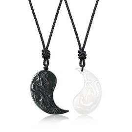 COAI Partner Necklace with Dragon Phoenix Engraving, Obsidian Obsidian White Jade, White Jade