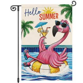 Louise Maelys Hello Summer Garden Flag Flamingo Sea Welcome 12x18 Inch Double Sided Small Burlap Palm Tree Holiday Yard Outdoor Sign Outside Home House Decoration