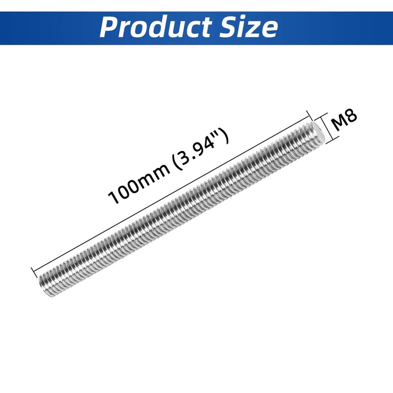 M8-1.25 x 100mm Fully Threaded Rod Studs, 18-8 Stainless Steel