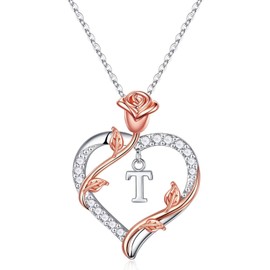 Heart Initial Necklace Gifts for Women Girls, Letter T Initial Necklaces Heart Rose Necklace I Love You Anniversary Birthday Valentines Romantic Gifts for Her Girlfriend Wife Mom Daughter Girls Gifts