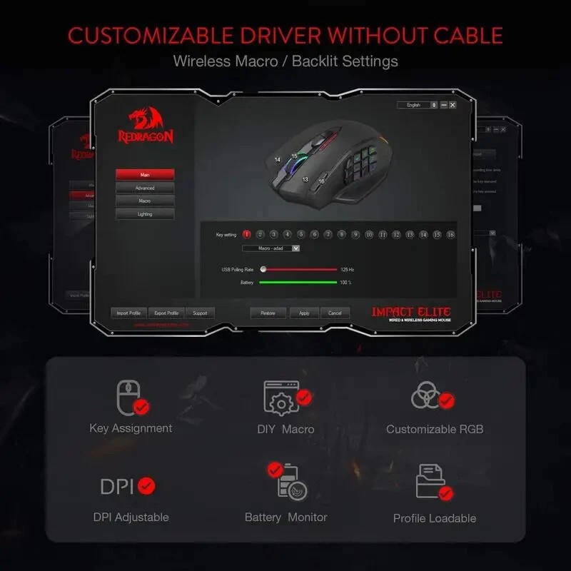 Redragon M913 Gaming 16000 DPI Wired Wireless RGB Mice 16