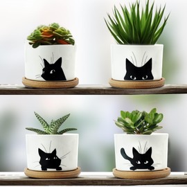 LAMHIMD 4 Pcs Black Cat Ceramic Pots, Succulent Plant Pots with Drainage Hole, Small Plant Pots with Bamboo Tray, Cute Flower Pots for Home Office Decoration