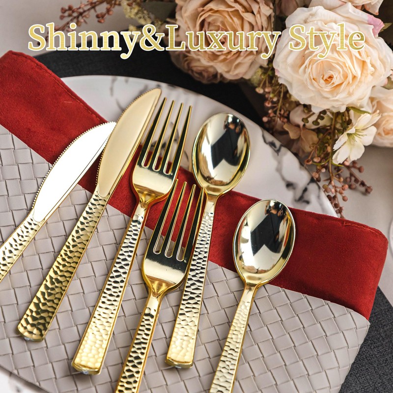 Pryntono 360PCS Gold Plastic Silverware, Heavy Duty Plastic Cutlery Set,