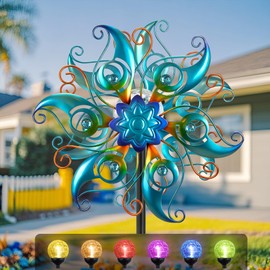 Solar Wind Spinners Outdoor - 13inch Metal Peacock Wind Spinner with Color-Changing Crackle Glass Ball & Led Lights, Kinetic Windmill for Yard, Garden Decor for Women